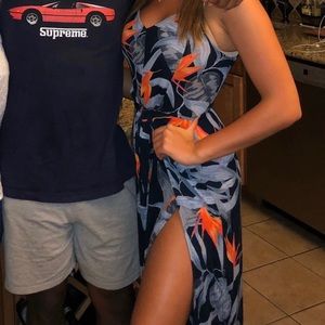 Blue and orange floral jumpsuit with double slit